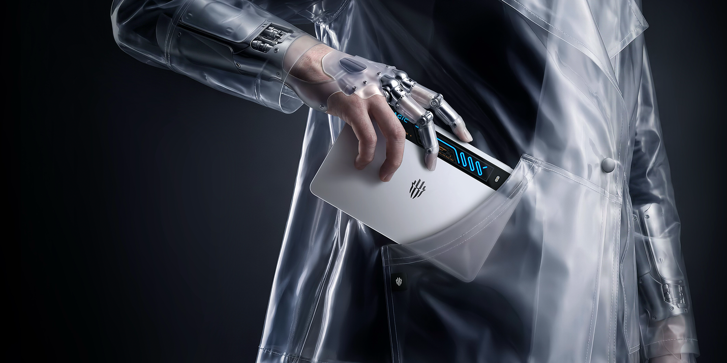 A futuristic robotic hand pulling a white smartphone from a transparent coat pocket.